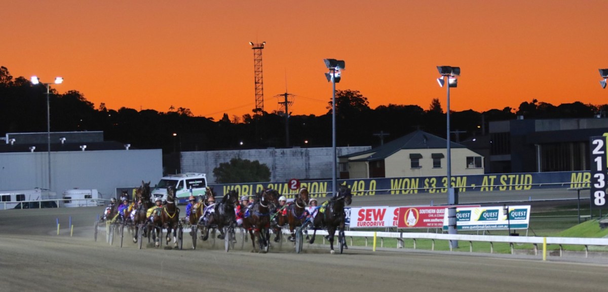 Horses race around the track of Albion Park Harness Racing Club at sunset.